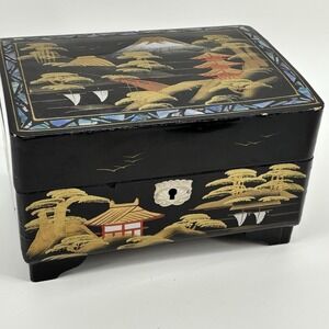 Vtg Japanese Trinket Jewelry Box Black LacquerAbaloneMirror Ballerina Fuji Music